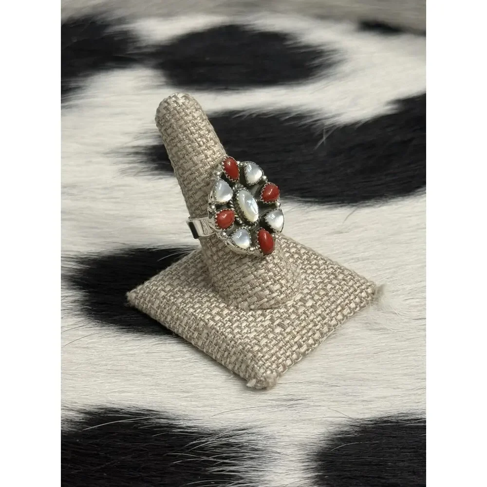 Native American Sterling Silver Red Coral Mother Of Pearl Cluster Flower Ring